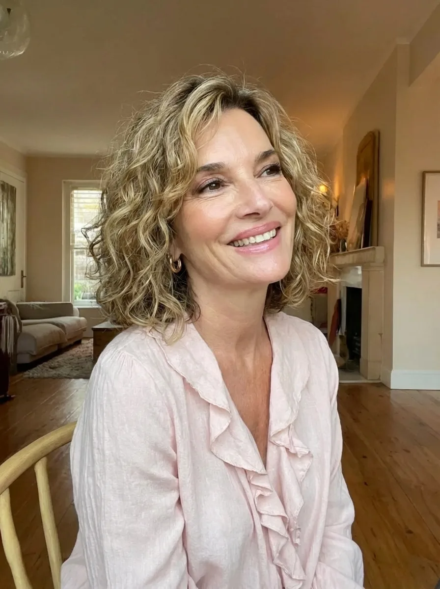 Layered Shoulder-Length Curly Bob in Warm Golden Blonde